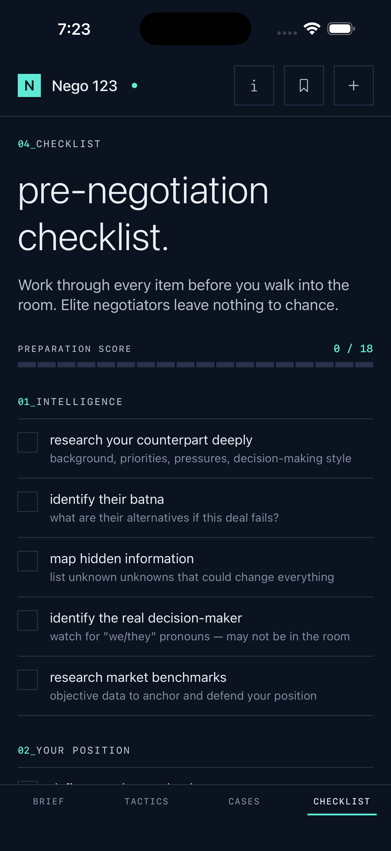 Nego 123 pre-negotiation checklist screen