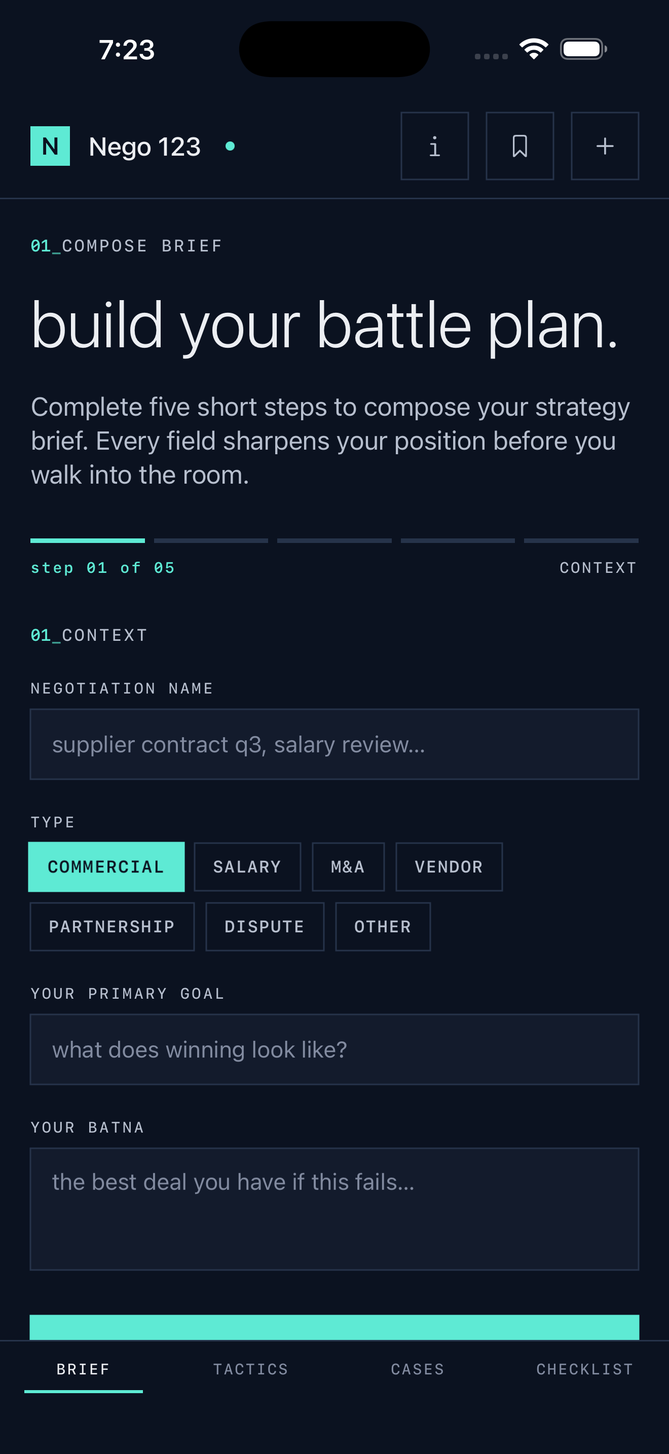 Nego 123 guided brief composition screen